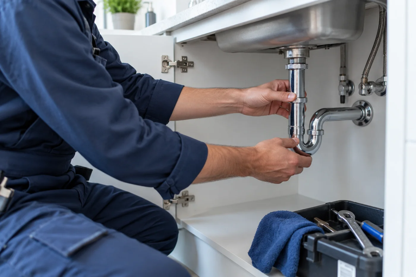 Lavabo altındaki tesisat bağlantılarını kontrol eden usta, temsili görsel
